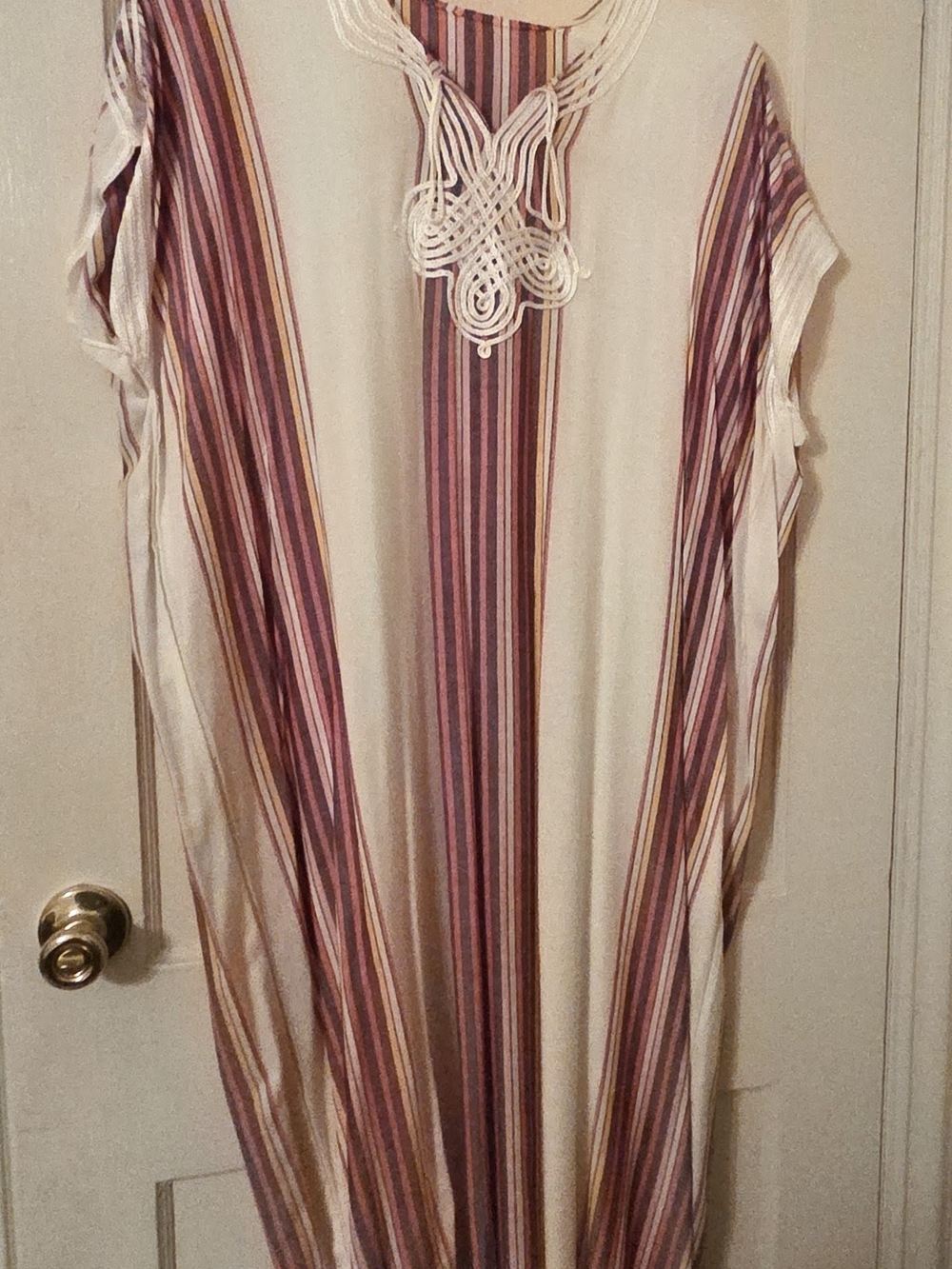 Striped Maxi Dress in Cream and Pink with Decorative Neckline